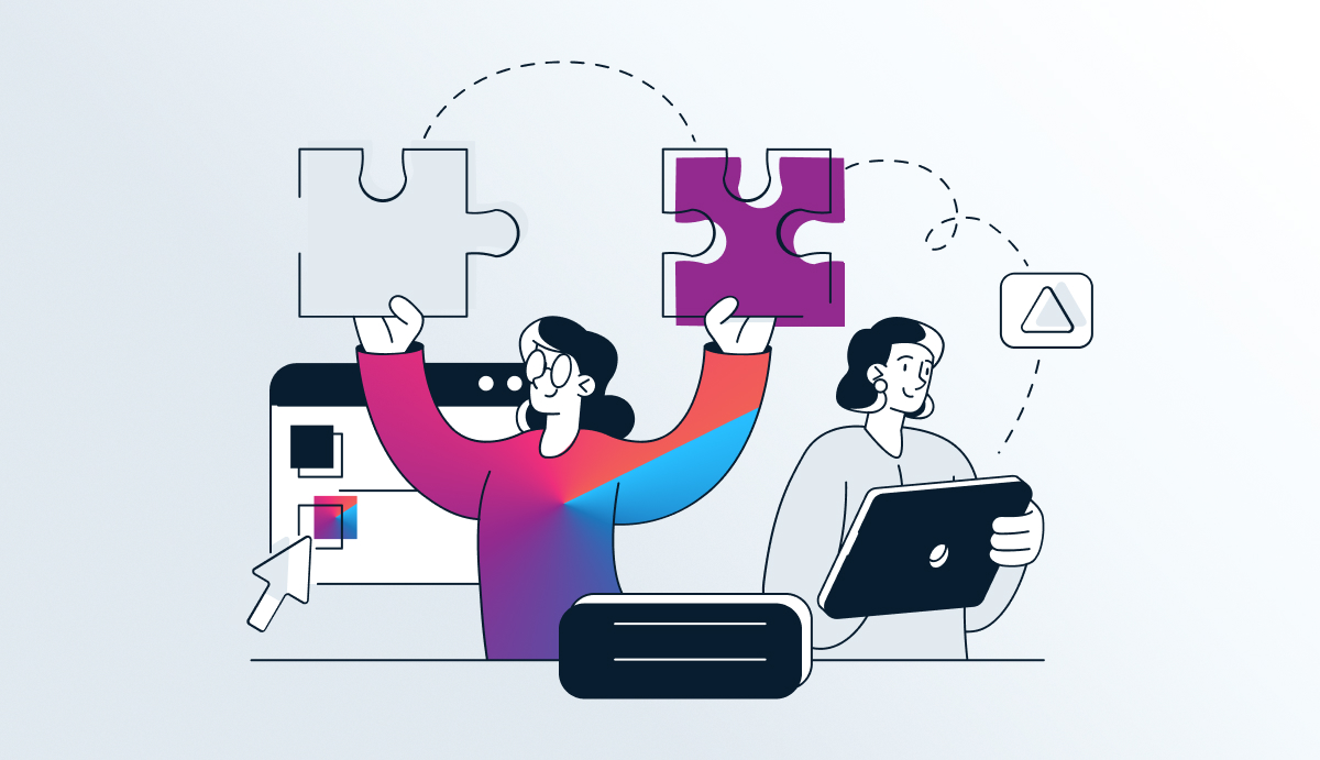Illustration of a woman holding up puzzle pieces in the workplace.